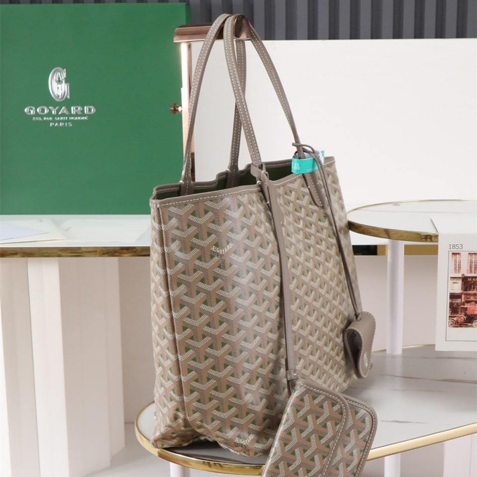 高仿Goyard*STLOUIP10滿印Tote手提袋咖綠免檢版小號