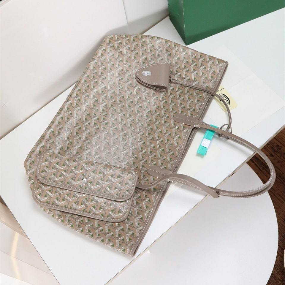 高仿Goyard*STLOUIP10滿印Tote手提袋咖綠免檢版小號