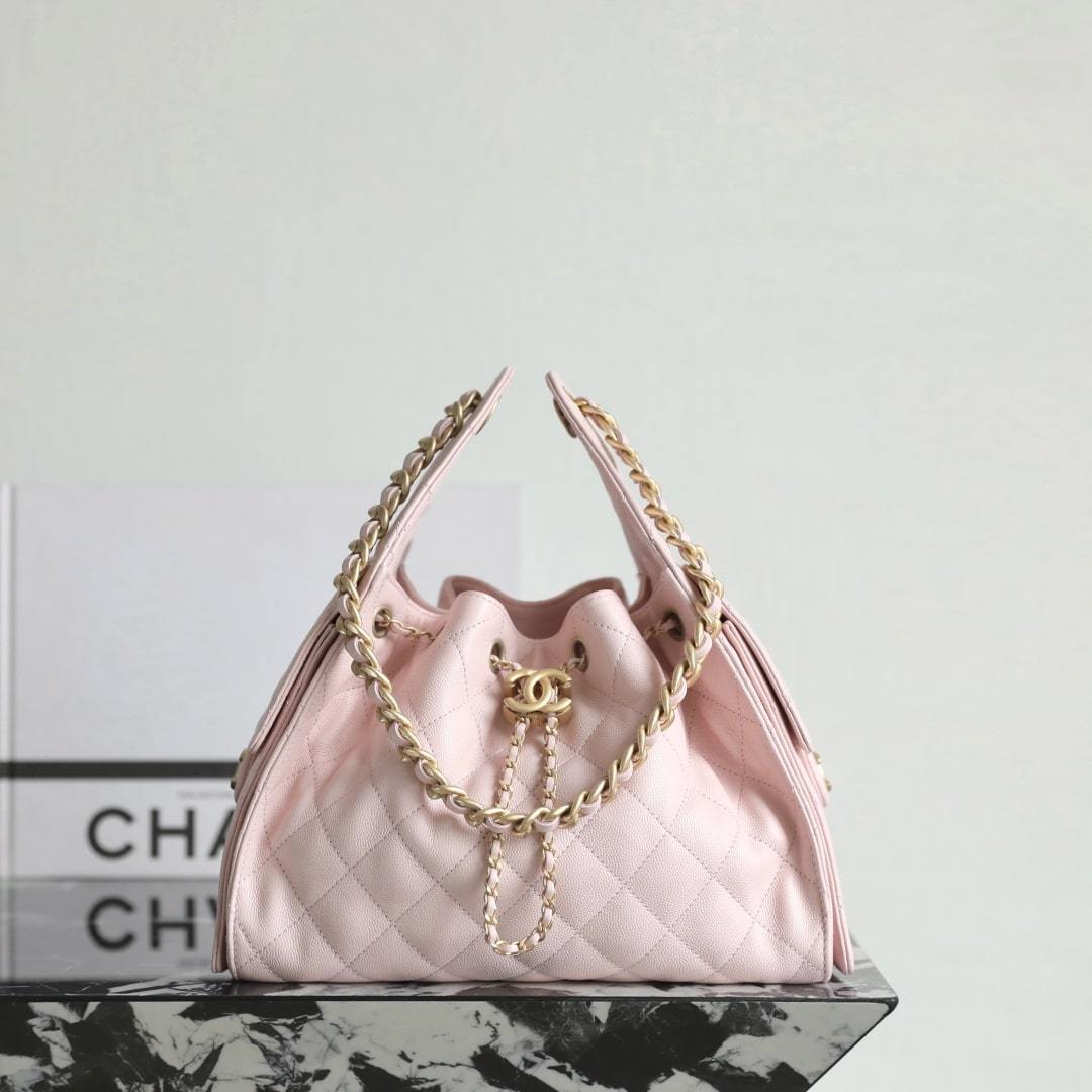 高仿Chanel*25A系列AS5293小牛皮購物袋粉色小號免檢版