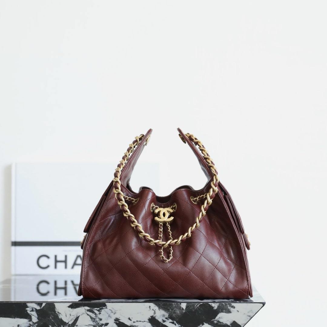 高仿Chanel*25A系列AS5293小牛皮購物袋酒紅色小號免檢版