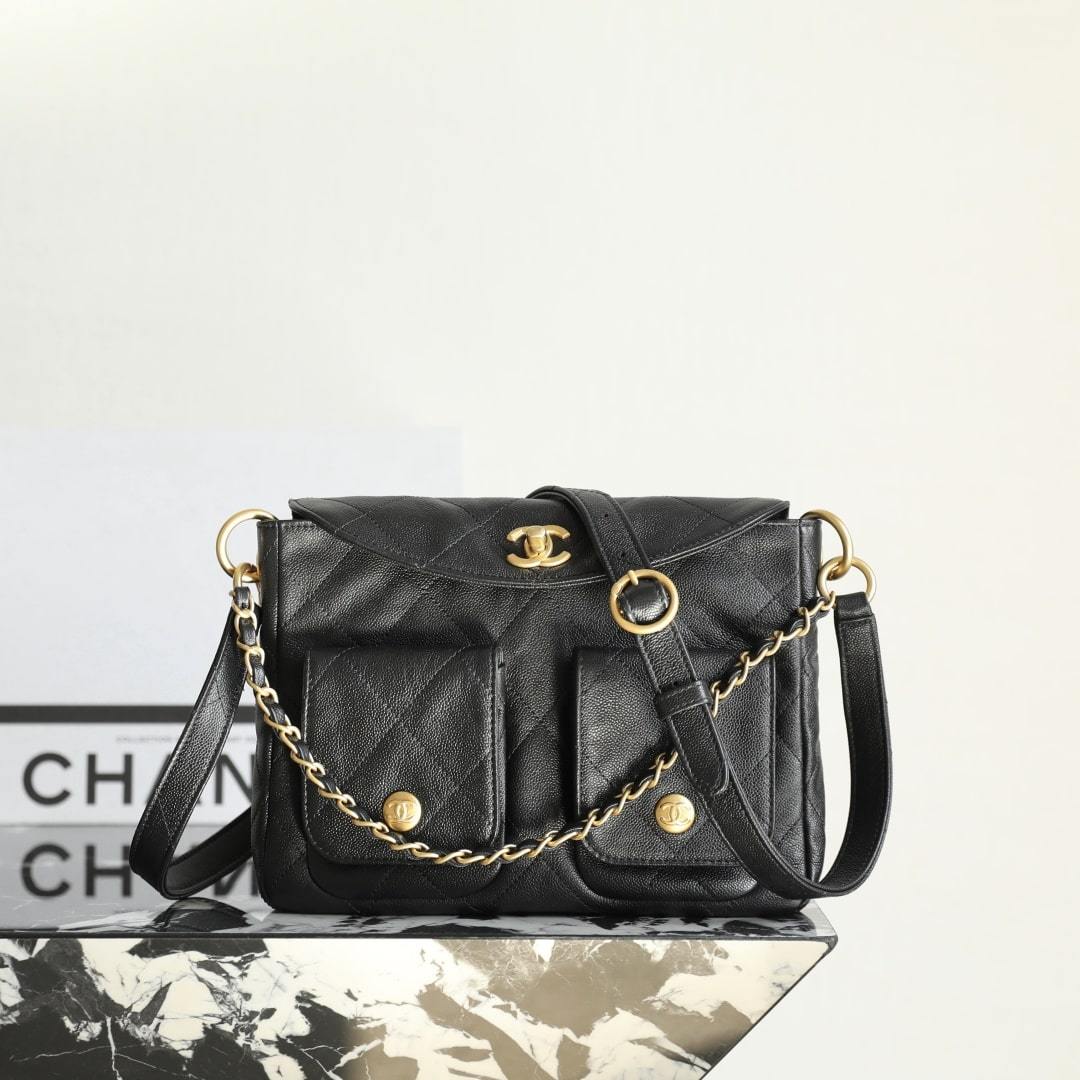 高仿Chanel*25P系列AS5385黑金郵差包小號免檢版