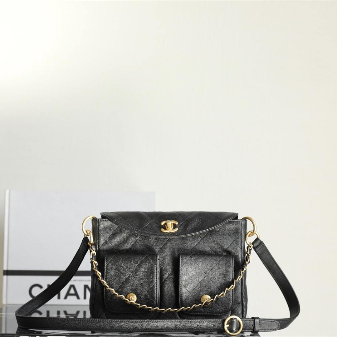 高仿Chanel*25P系列AS5385黑金郵差包小號免檢版