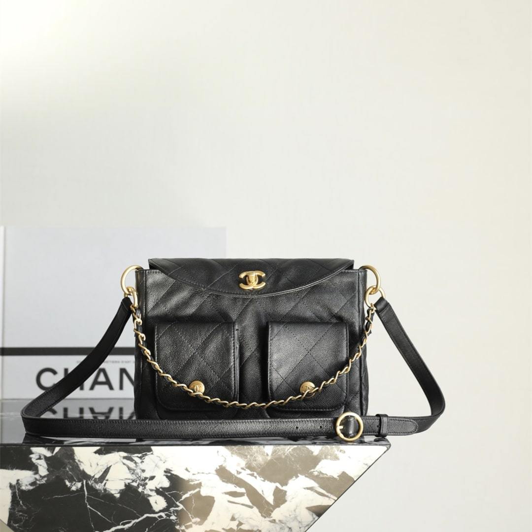 高仿Chanel*25P系列AS5385黑金郵差包小號免檢版