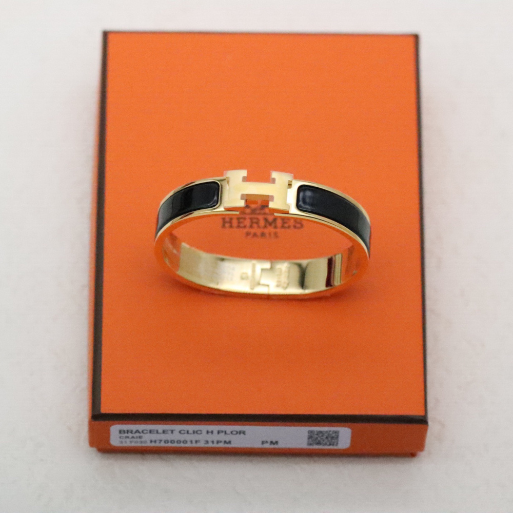 高仿Hermes*ClicH系列H700001F01鍍金琺瑯手鐲黑金色