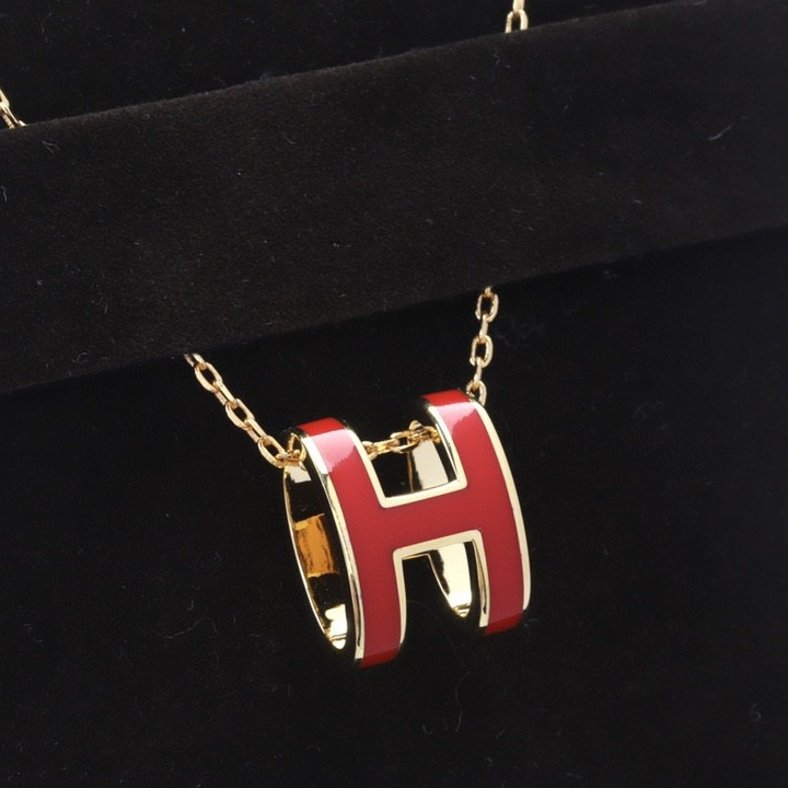 高仿Hermes*POPH系列H147992FOS7玫瑰金吊墜頸鏈小號紅色