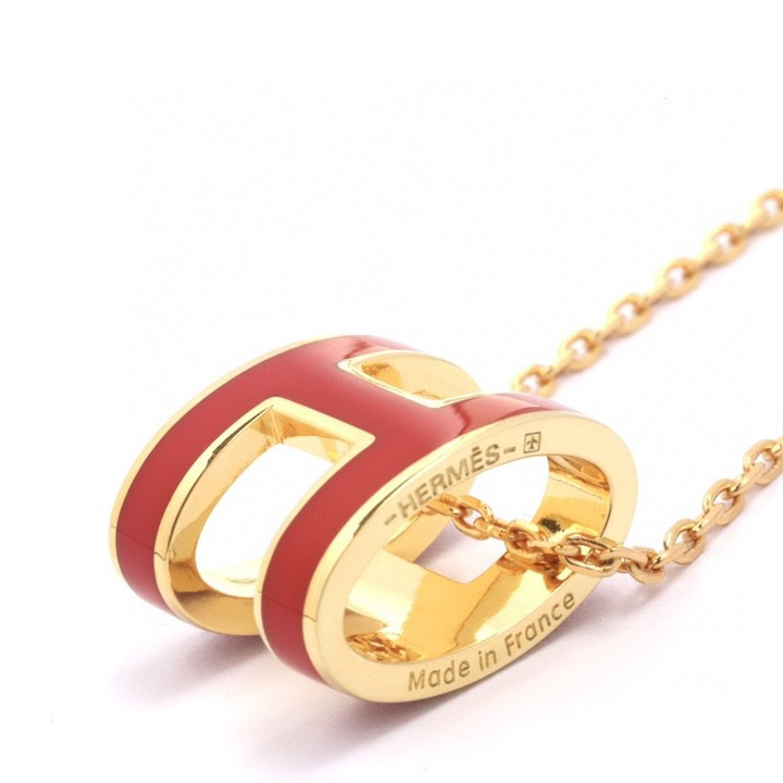 高仿Hermes*POPH系列H147992FOS7玫瑰金吊墜頸鏈小號紅色