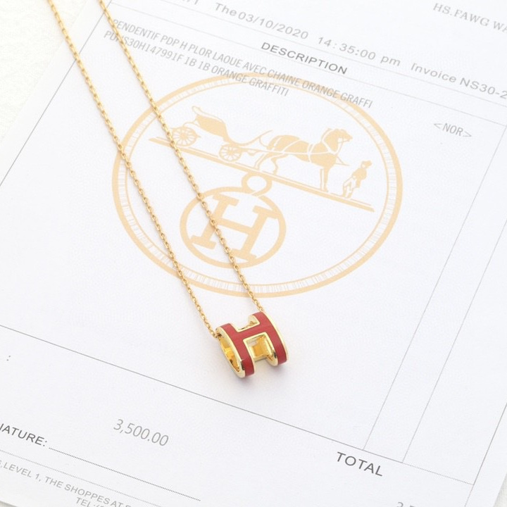 高仿Hermes*POPH系列H147992FOS7玫瑰金吊墜頸鏈小號紅色
