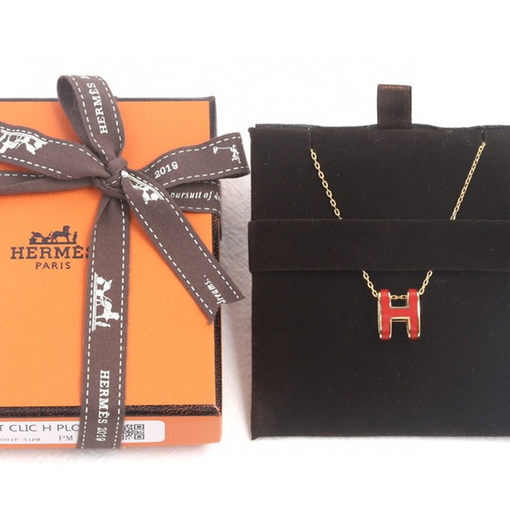 高仿Hermes*POPH系列H147992FOS7玫瑰金吊墜頸鏈小號紅色