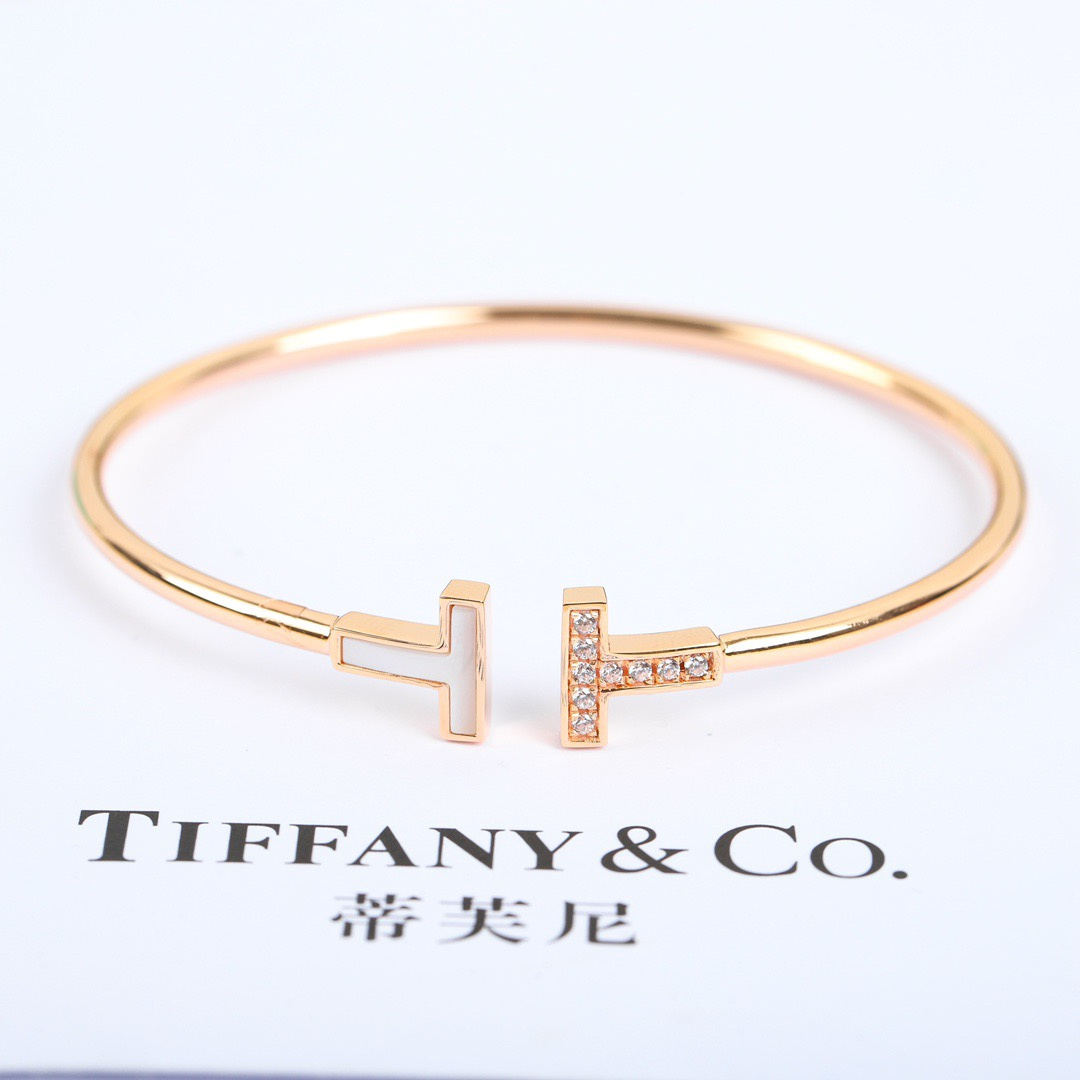 高仿Tiffany&CO蒂芙尼T系列GRP11104雙T貝母碎鑽手鐲玫瑰金