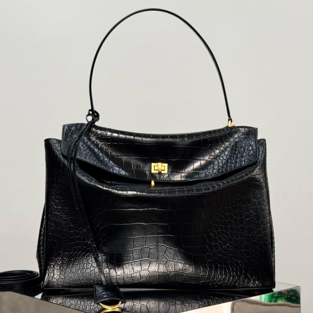 高仿Balenciaga*Rodeo系列5L1000鱷魚紋壓牛皮黑金大號免檢版