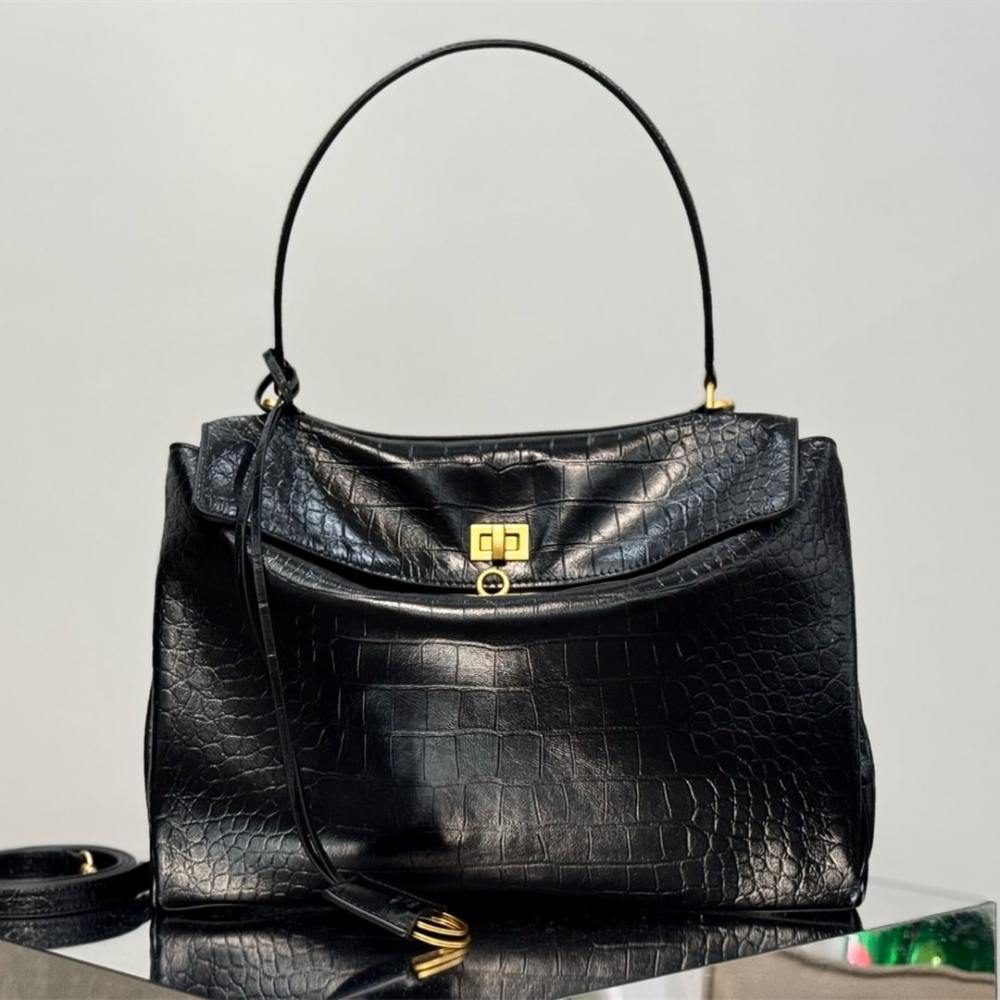 高仿Balenciaga*Rodeo系列4L1000鱷魚紋壓牛皮黑金中號免檢版