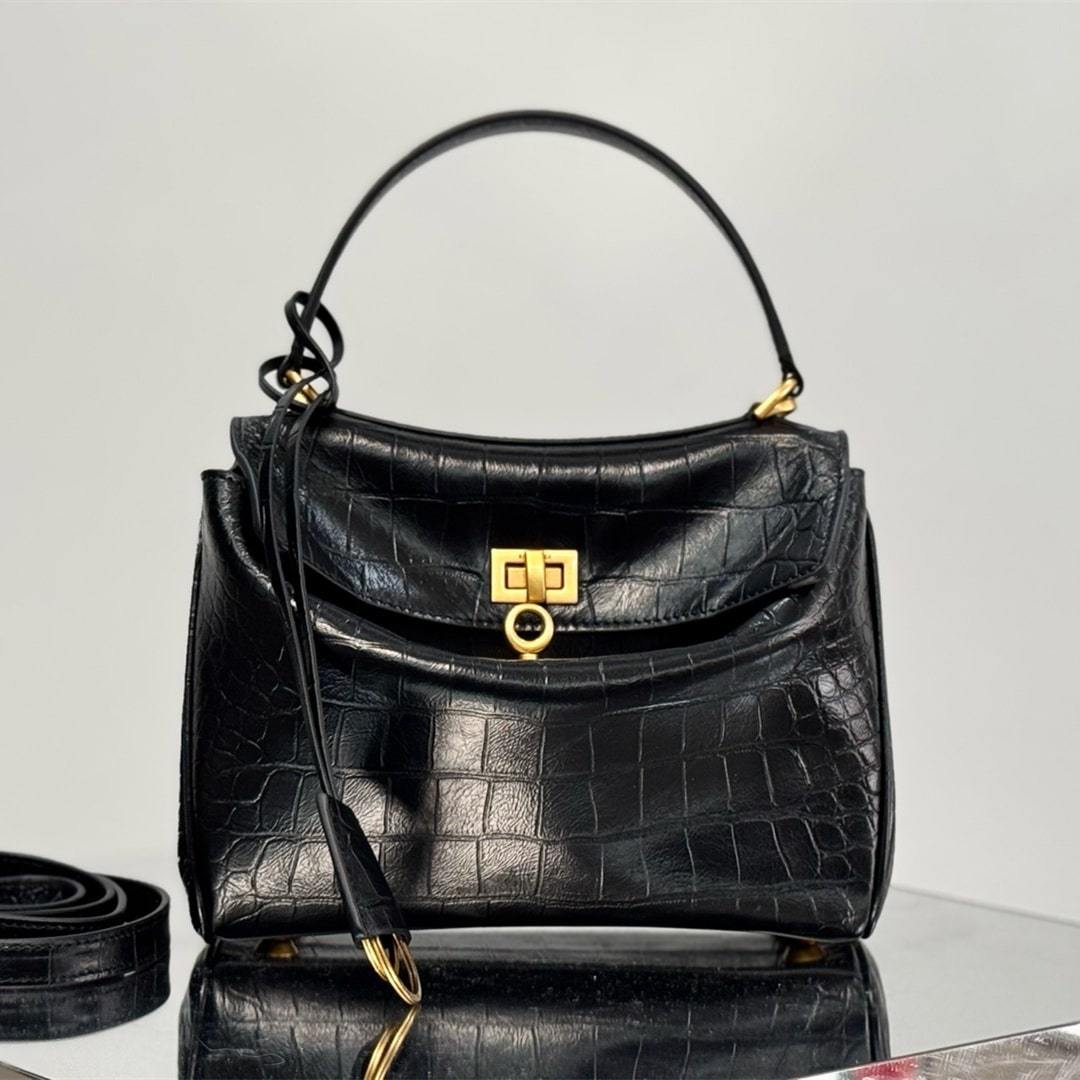 高仿Balenciaga*Rodeo系列2L1000鱷魚紋壓牛皮黑金Mini免檢版