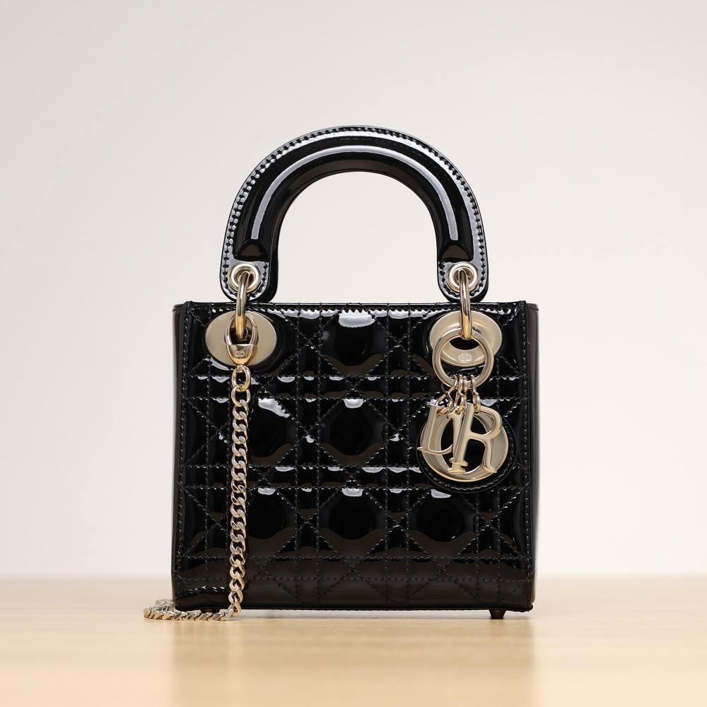 高仿Dior*Lady系列M0505M900黑色漆皮三格單肩包Mini免檢版