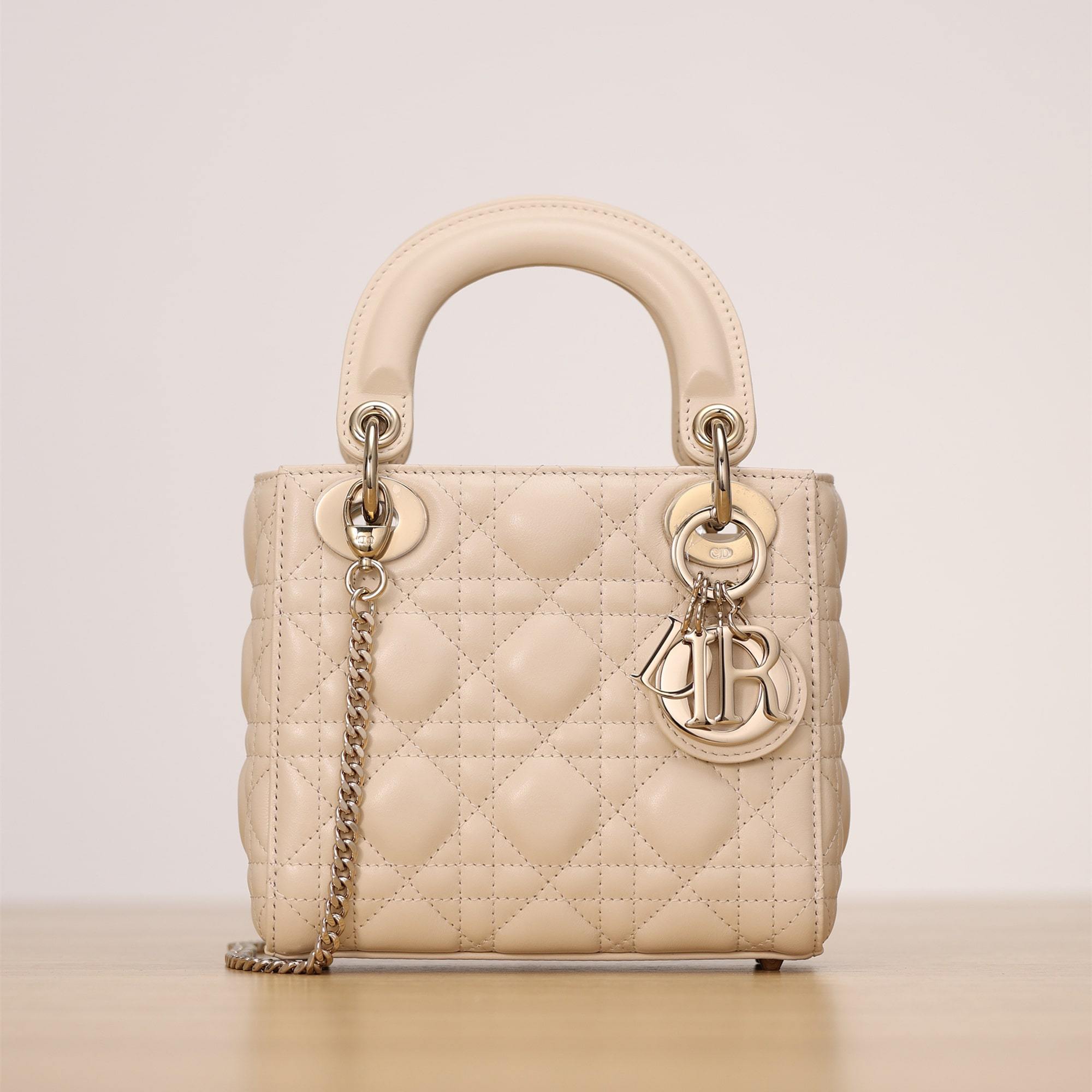 仿Dior*Lady系列M0505M63U淺象牙色三格單肩包Mini免檢版
