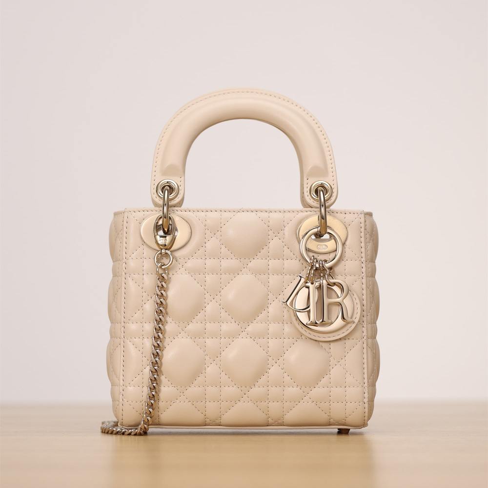 仿Dior*Lady系列M0505M63U淺象牙色三格單肩包Mini免檢版