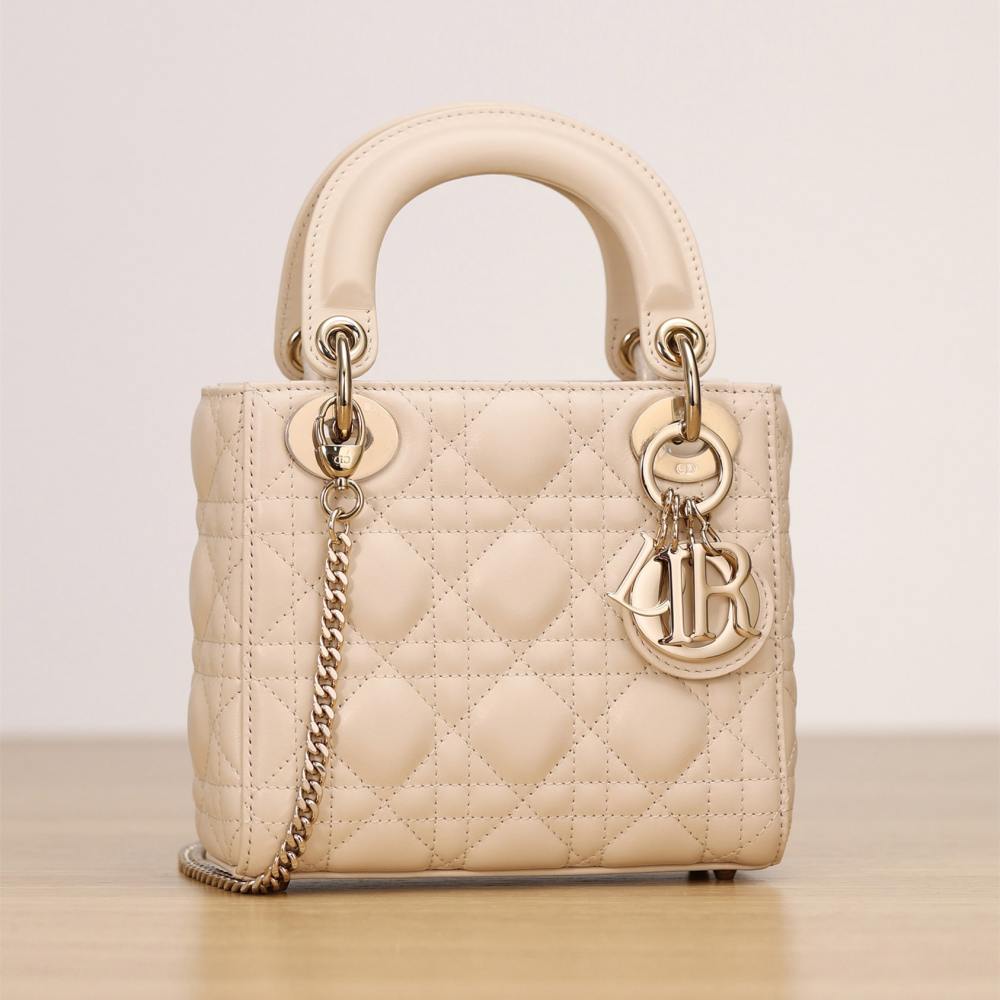 仿Dior*Lady系列M0505M63U淺象牙色三格單肩包Mini免檢版