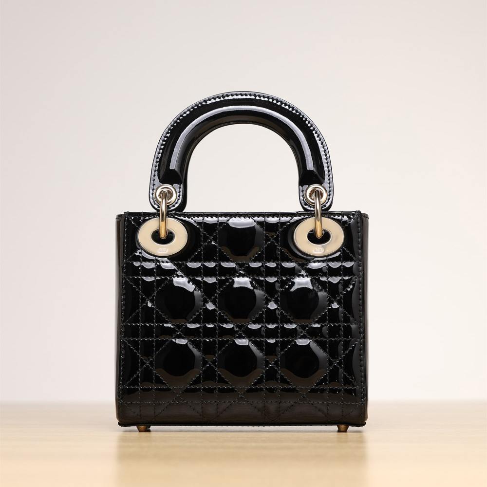 高仿Dior*Lady系列M0505M900黑色漆皮三格單肩包Mini免檢版
