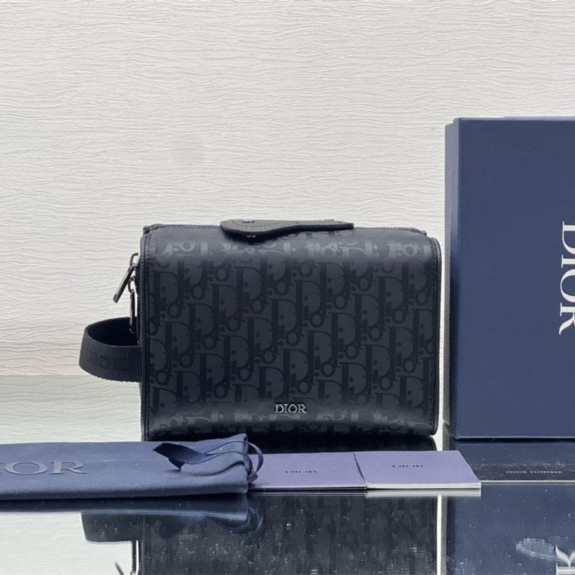 高仿Dior*Lingot系列2ADH00N印花尼龍料化妝收納包黑色免檢版