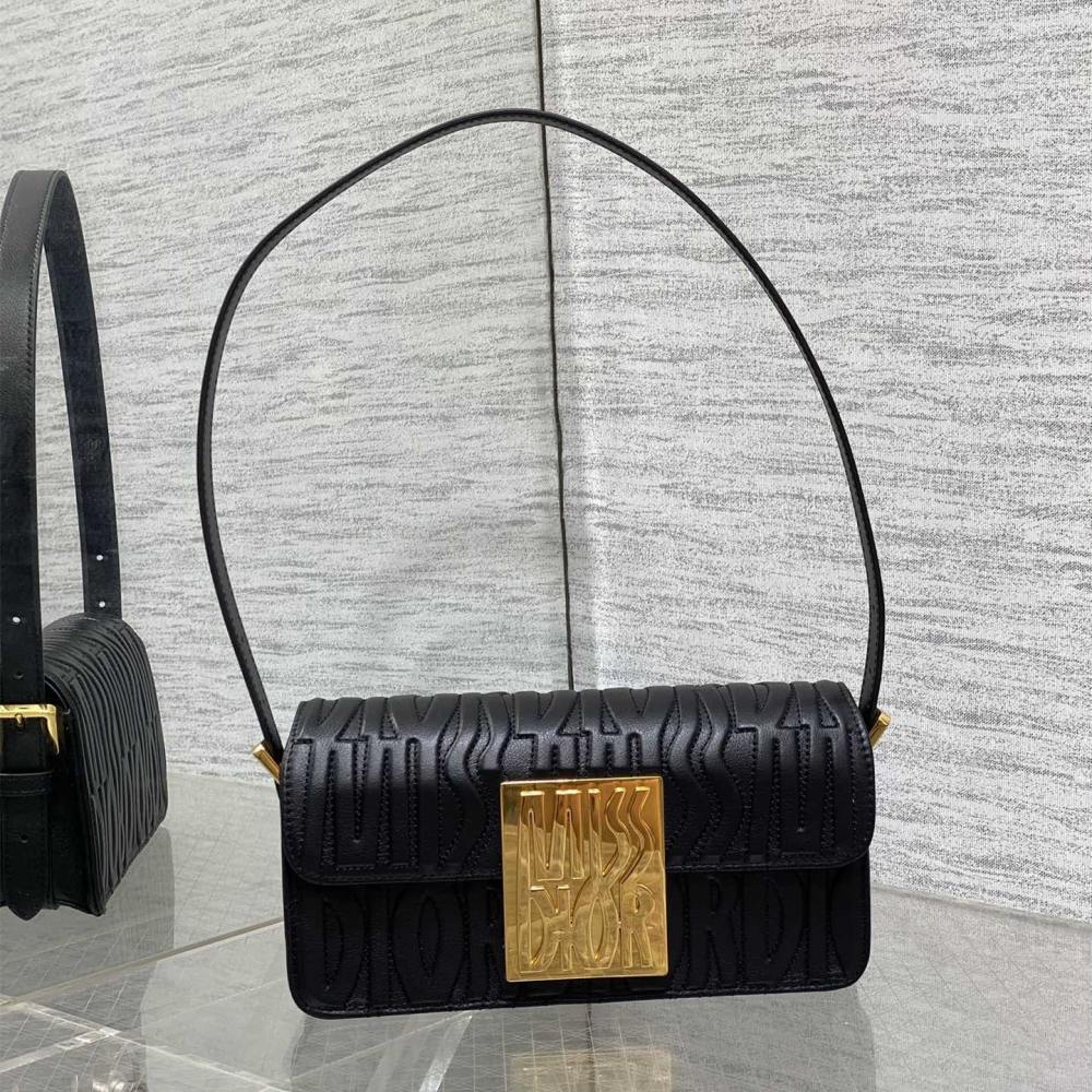 高仿Dior*Miss系列M261M900衍縫線小牛皮腋下包黑色免檢版
