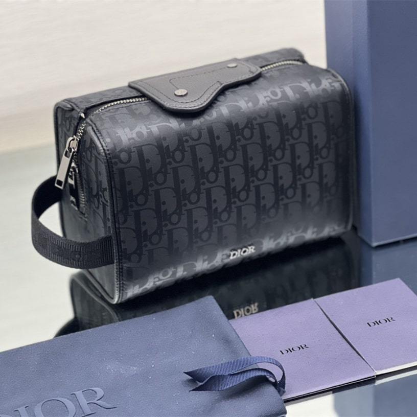 高仿Dior*Lingot系列2ADH00N印花尼龍料化妝收納包黑色免檢版