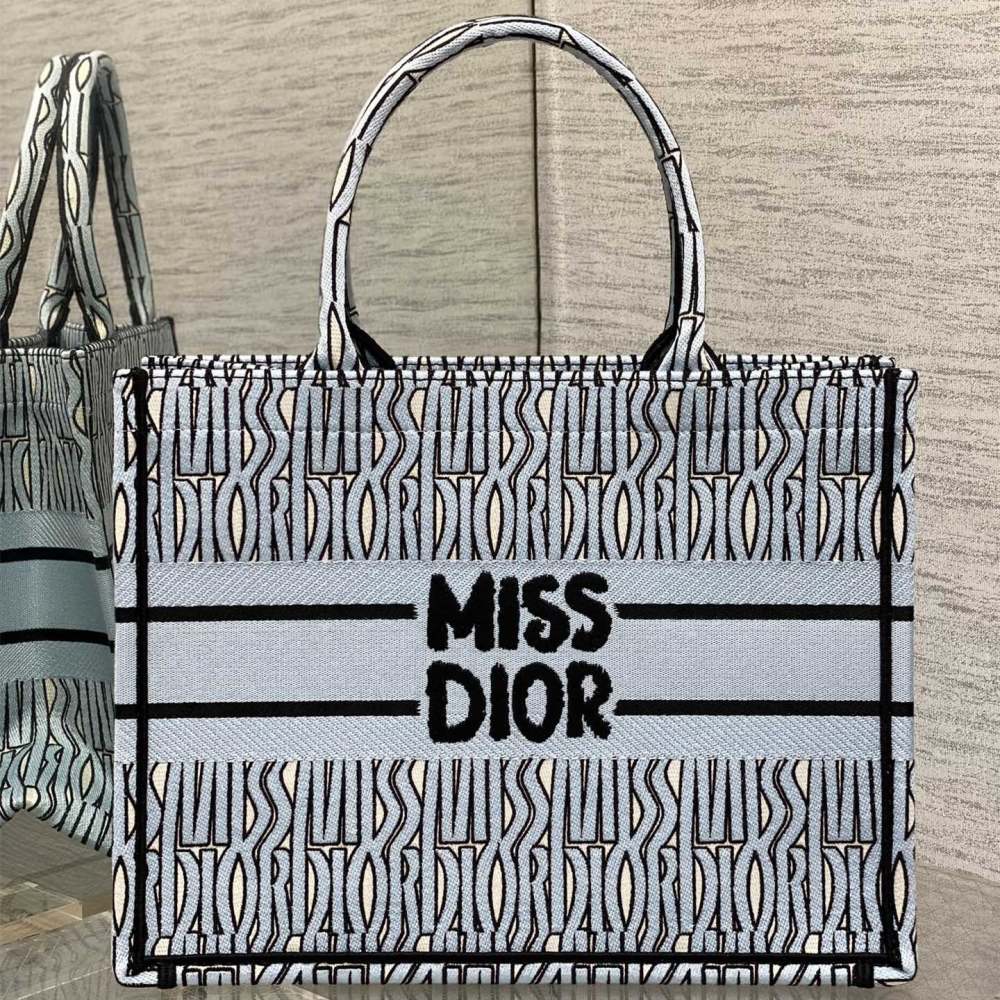高仿Dior*BookTote系列M129M44W購物袋Miss黑藍中號免檢版