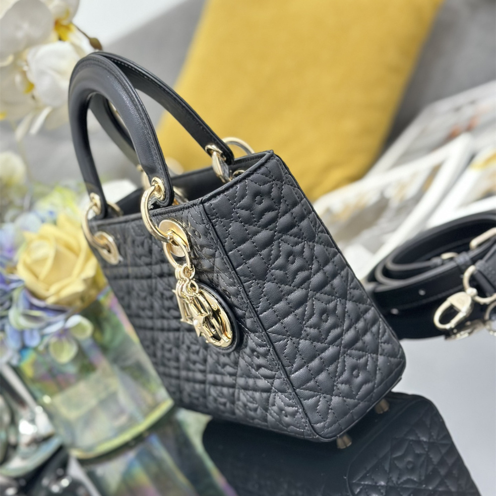 高仿Dior*Lady系列M053M900小羊皮手袋幸運星黑色小號免檢版