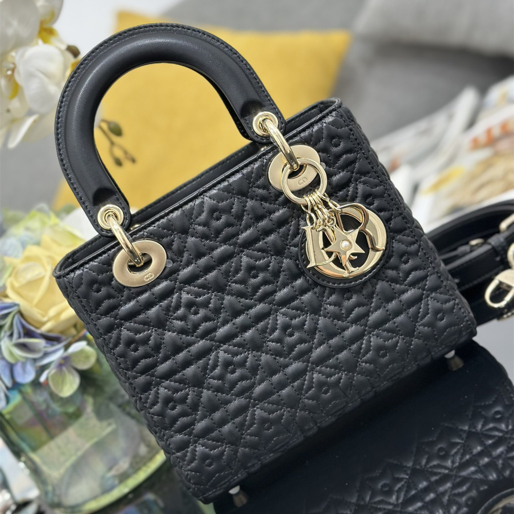 高仿Dior*Lady系列M053M900小羊皮手袋幸運星黑色小號免檢版
