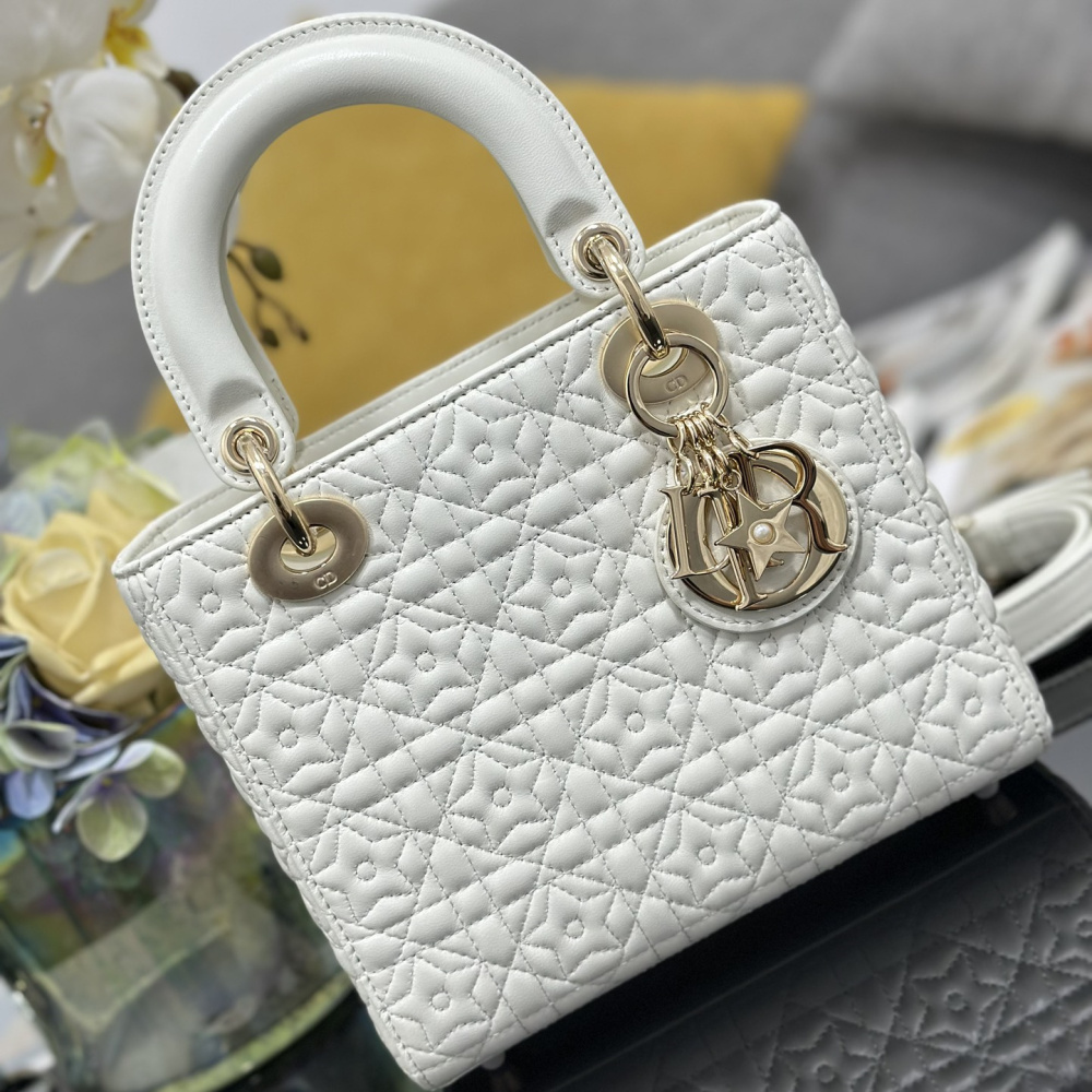 高仿Dior*Lady系列M053M030小羊皮手袋幸運星白色小號免檢版
