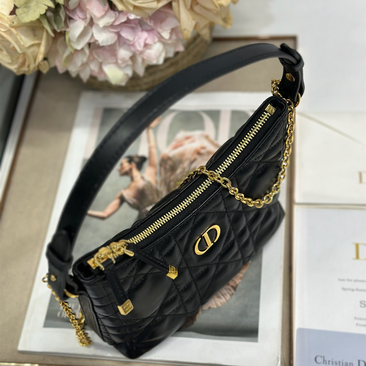 高仿Dior*MissCaro系列S5253M900小羊皮手提包Mini黑色免檢版