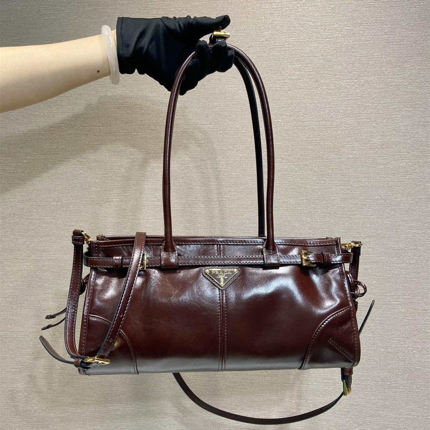 高仿Prada*Bonnie系列1BA426手提單肩包酒紅色小號號免檢版