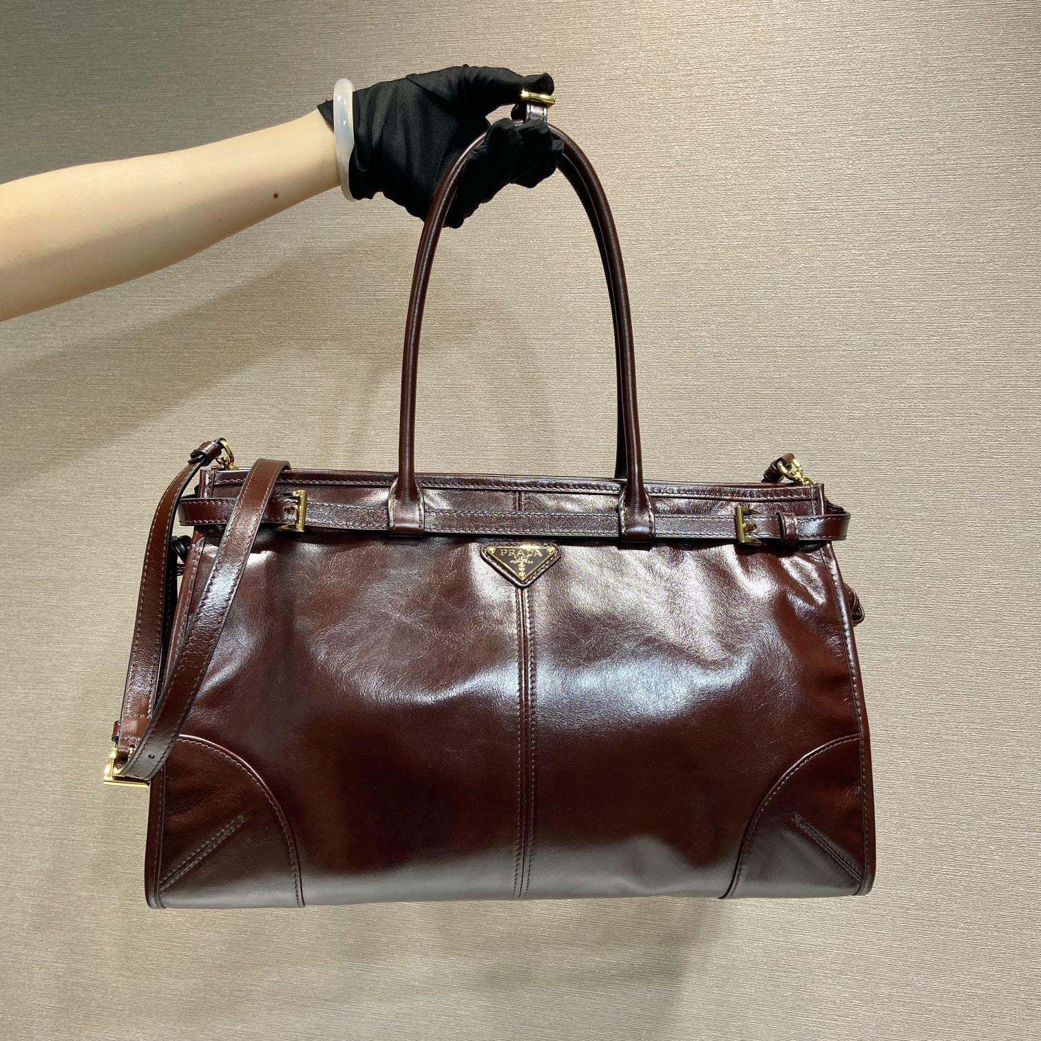 高仿Prada*Bonnie系列1BA433手提單肩包酒紅色中號免檢版