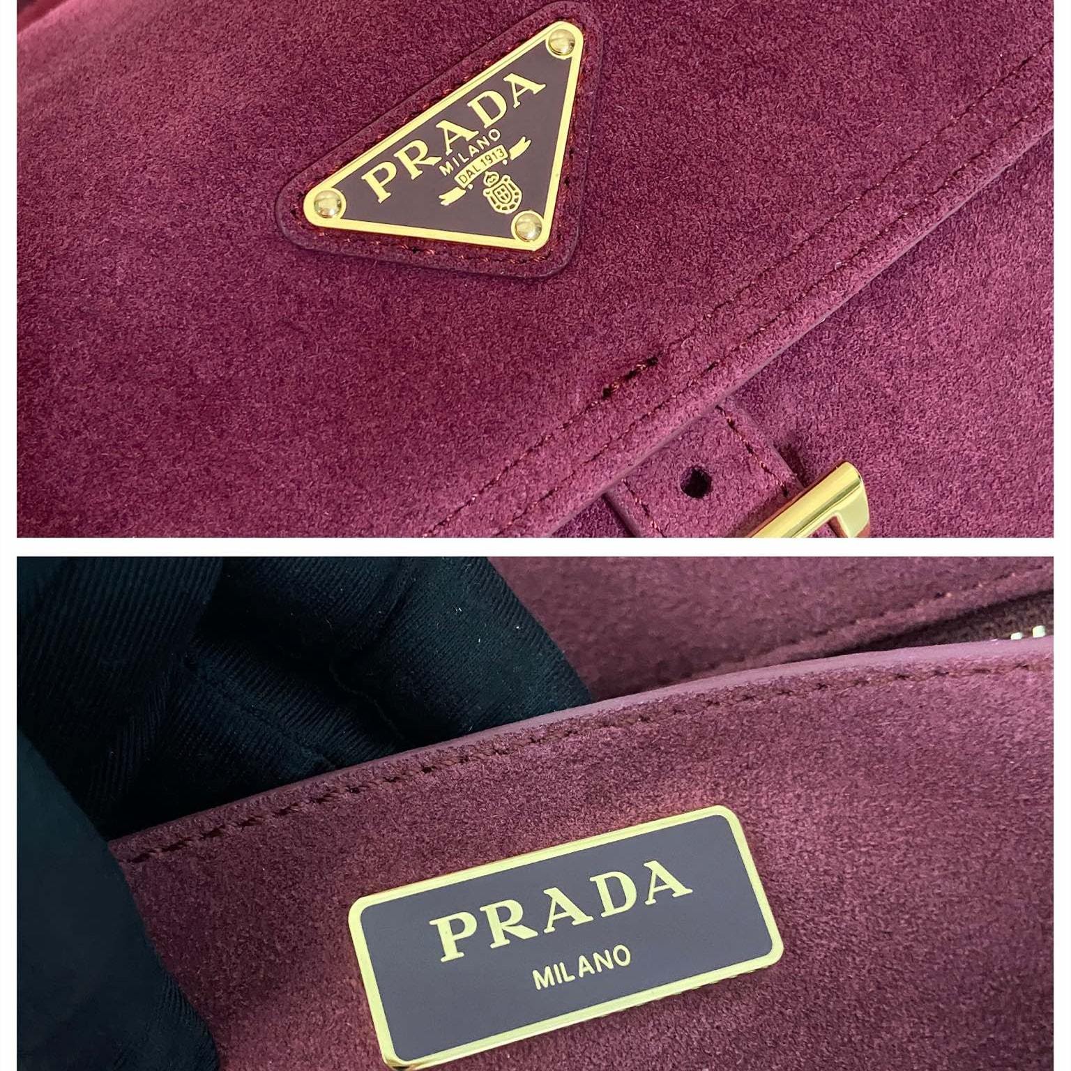 高仿Prada*Explore系列1BD394麂皮郵差包中號酒紅色免檢版