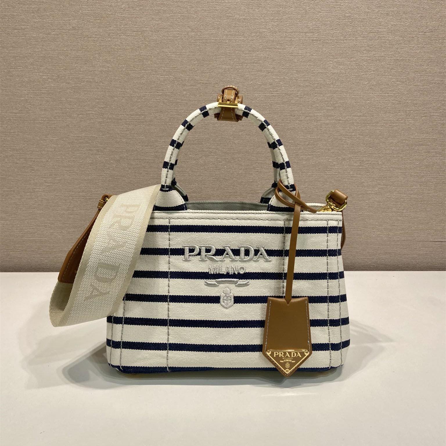 高仿Prada*1BA038棉質徽標手提袋海軍藍Mini免檢版