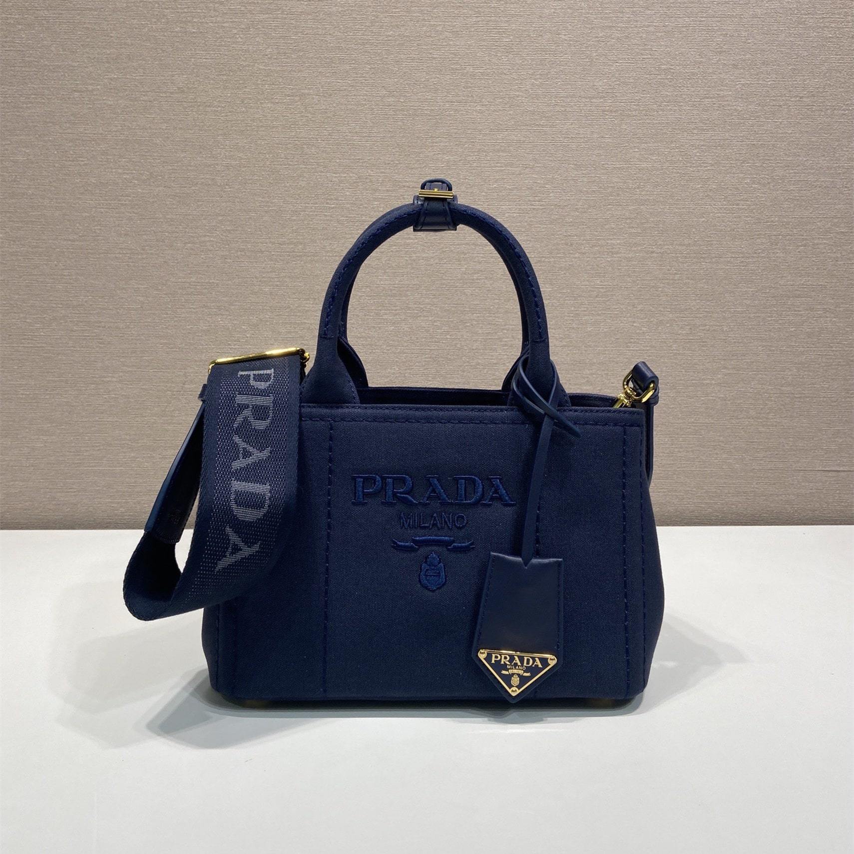 高仿Prada*1BA038刺繡徽標Tote手袋深藍Mini免檢版