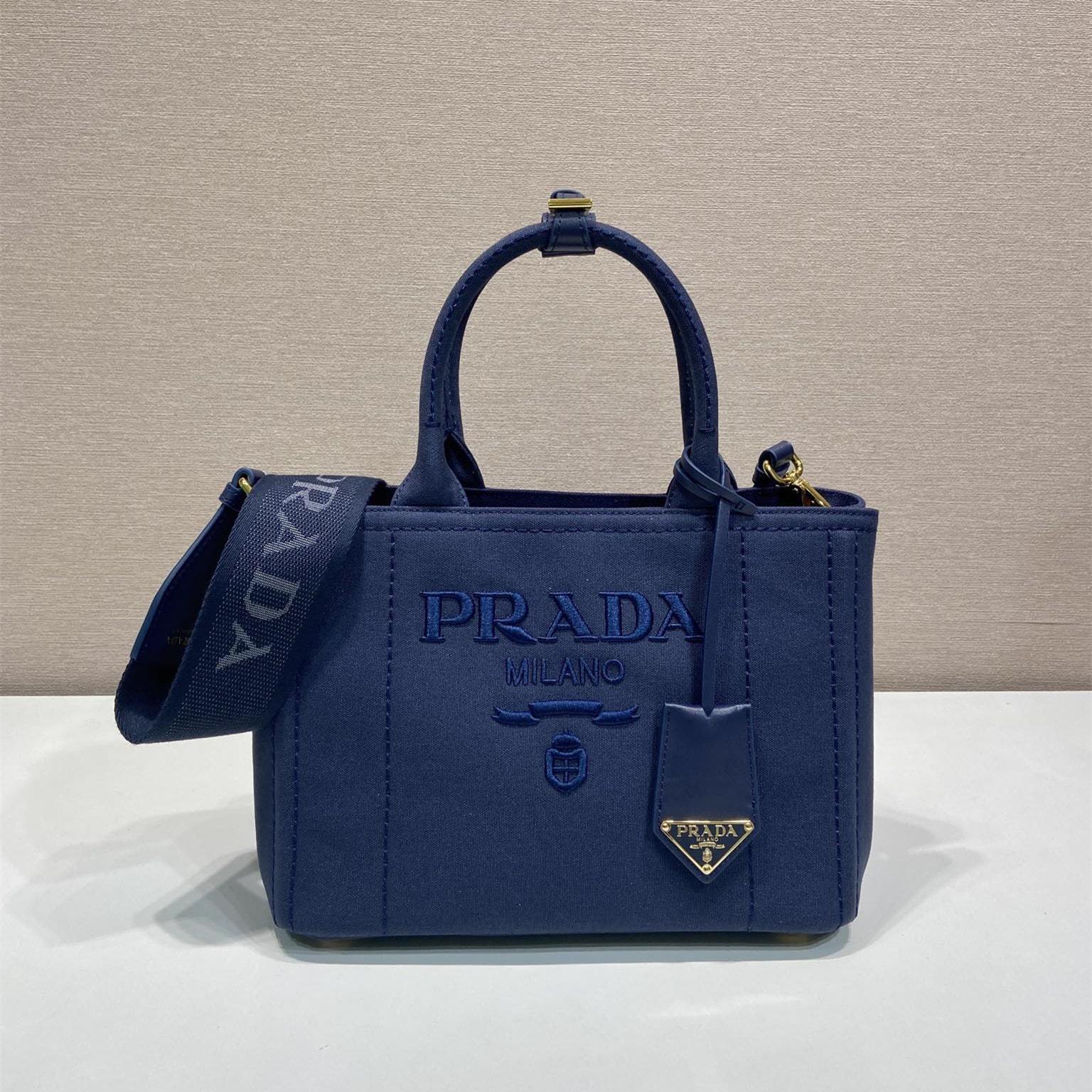 高仿Prada*1BG464刺繡徽標Tote包深藍小號免檢版