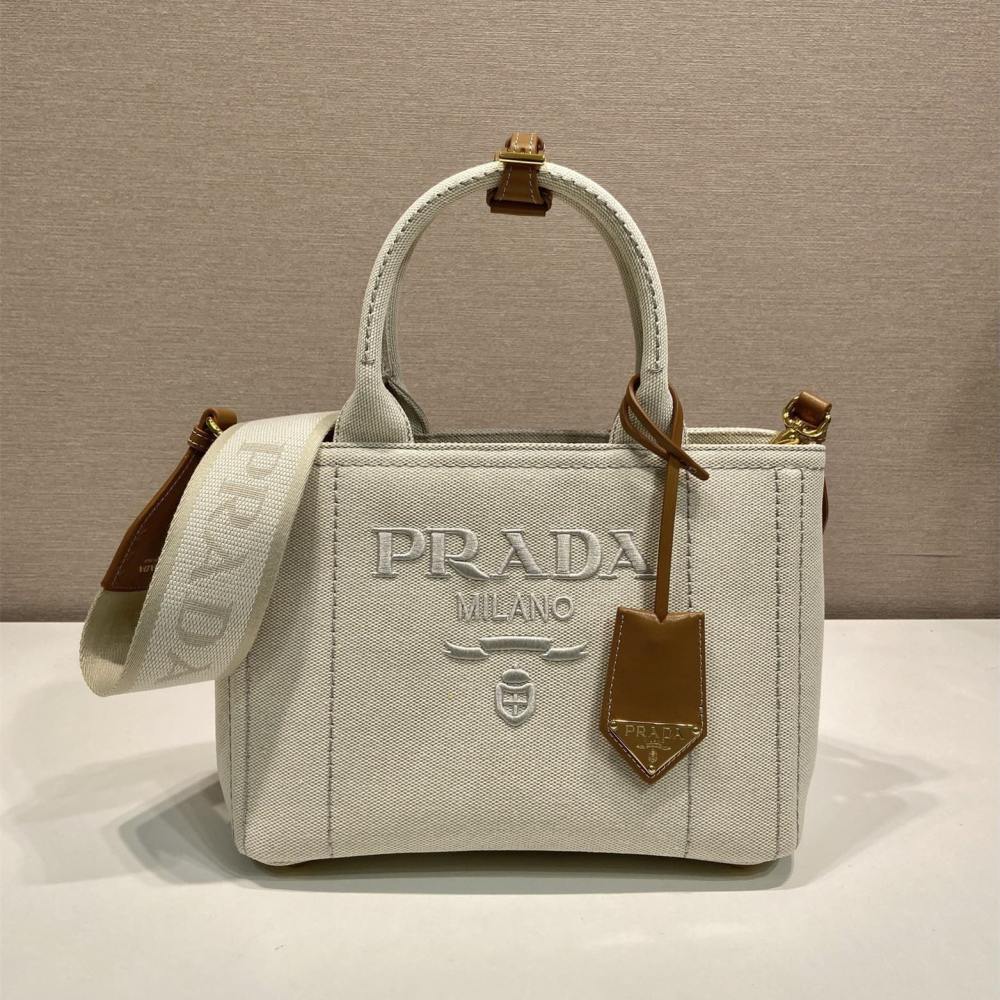 高仿Prada*1BG464刺繡徽標Tote包白色小號免檢版
