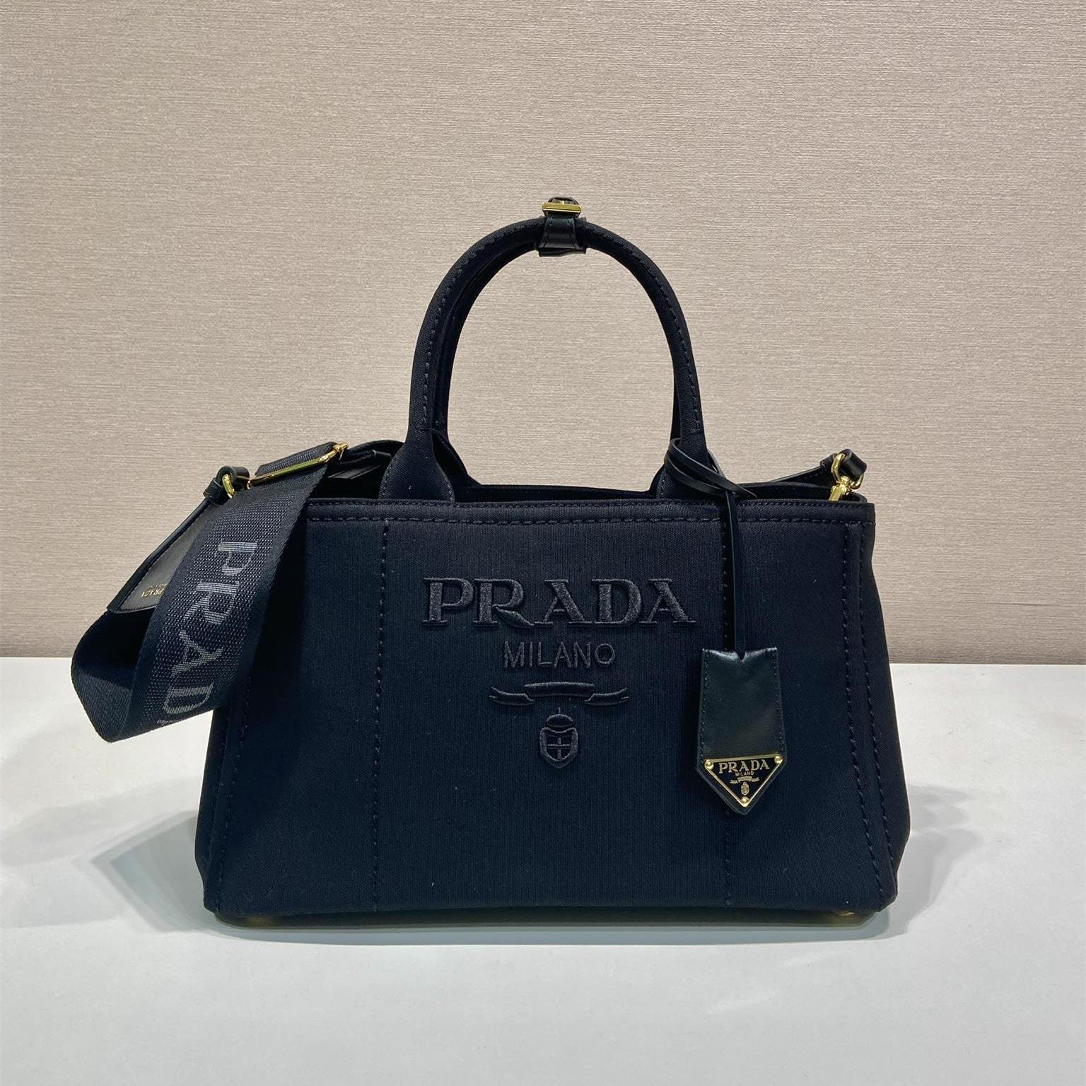 高仿Prada*1BG554刺繡徽標購物袋黑色中號免檢版