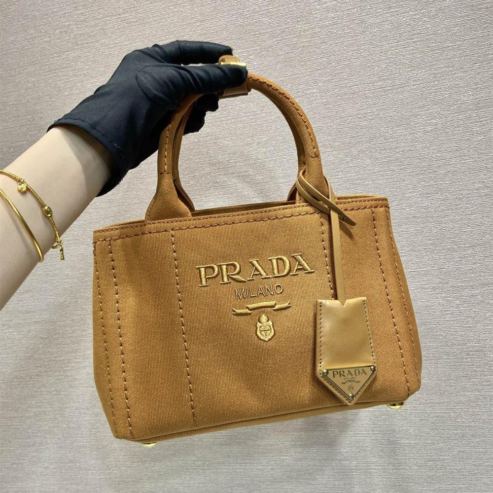 高仿Prada*1BA038刺繡徽標Tote手袋棕色Mini免檢版