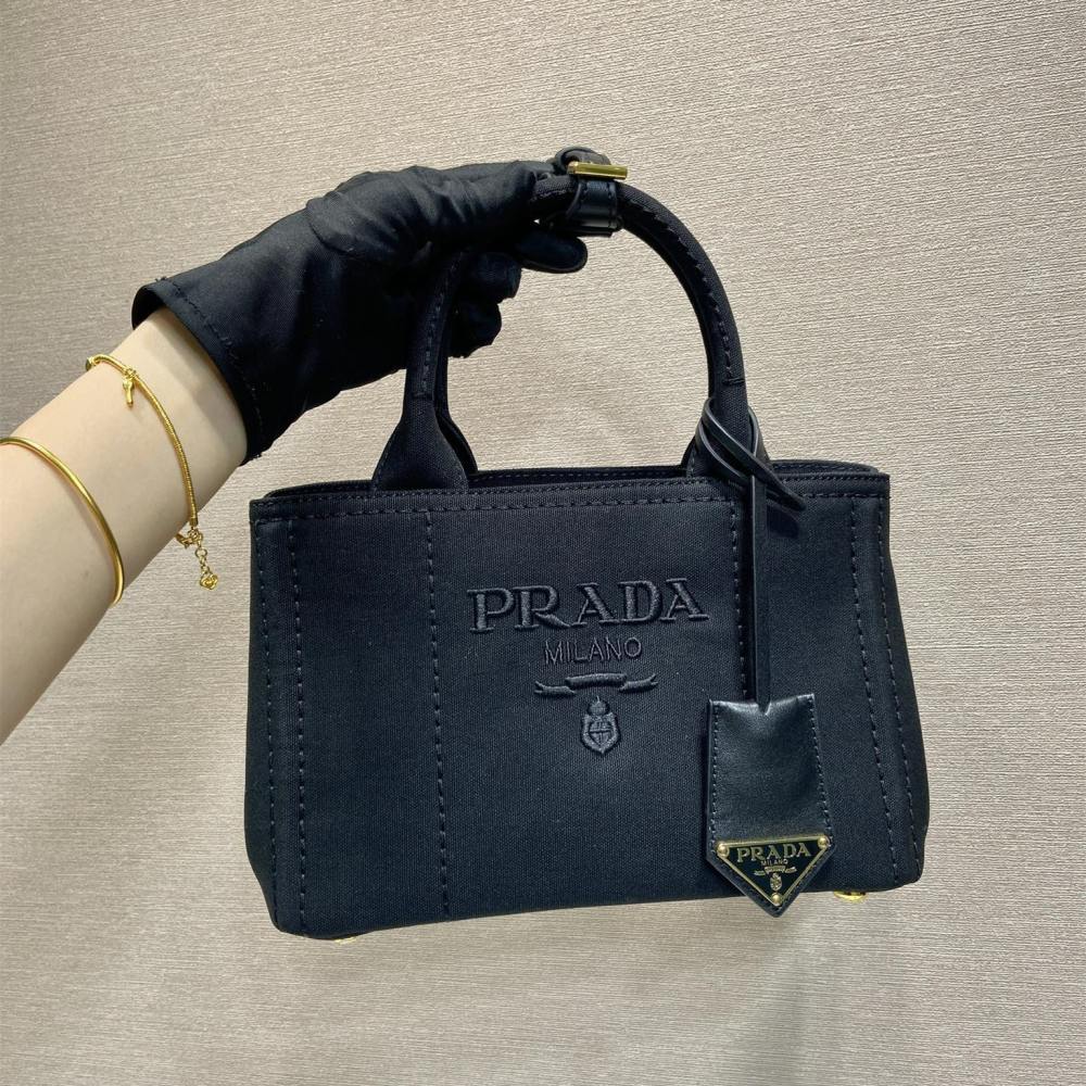 高仿Prada*1BA038刺繡徽標Tote手袋黑色Mini免檢版