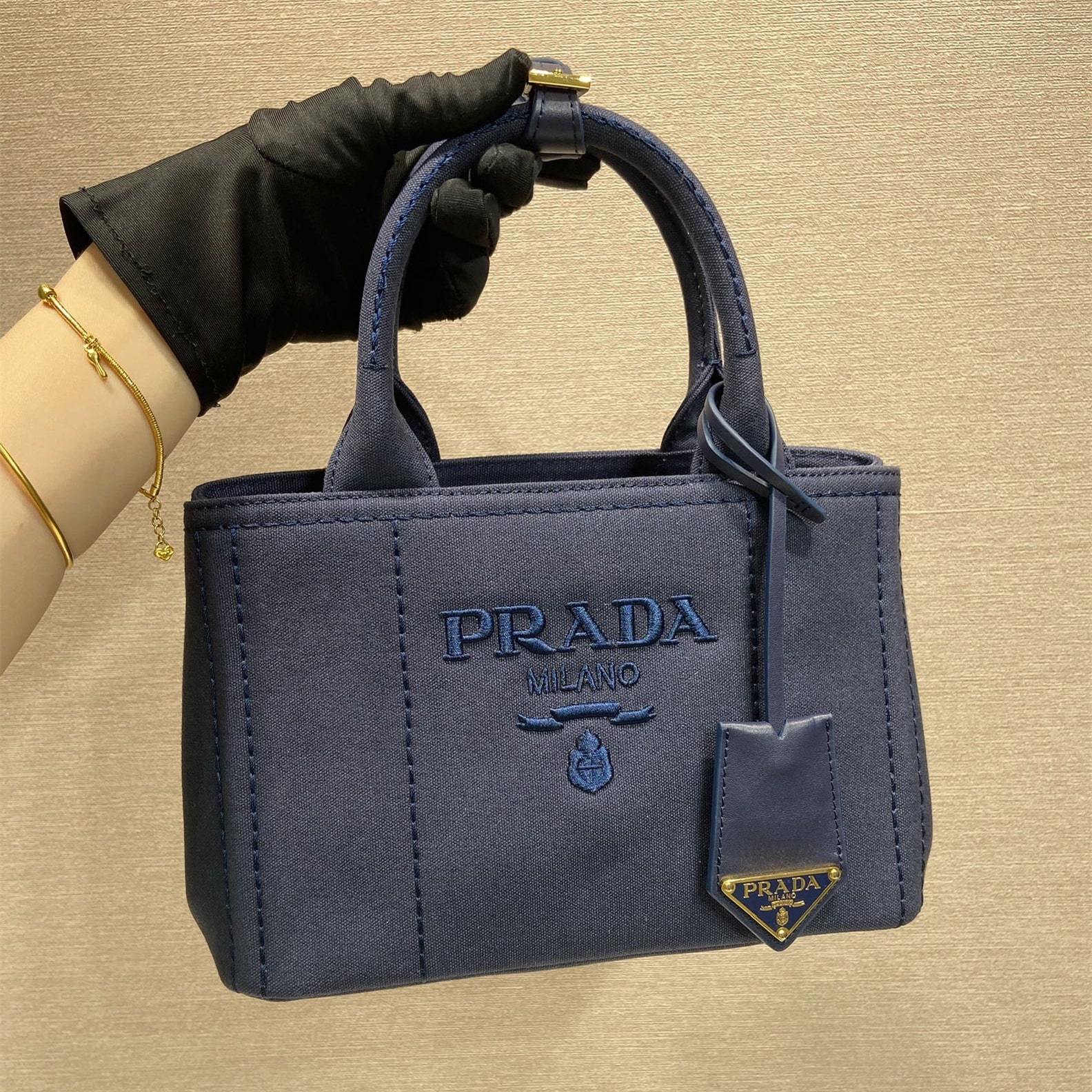 高仿Prada*1BA038刺繡徽標Tote手袋深藍Mini免檢版