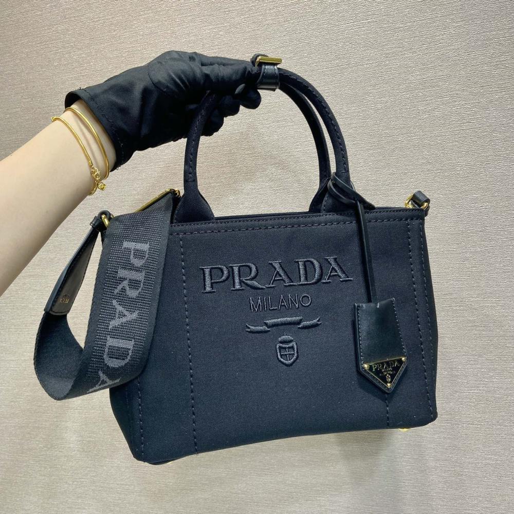 高仿Prada*1BG464刺繡徽標Tote包黑色小號免檢版