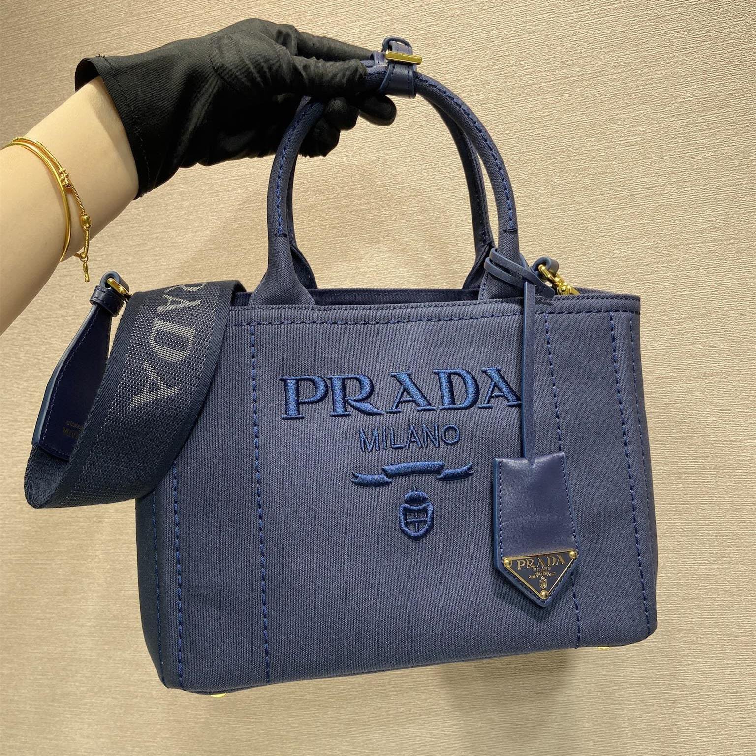 高仿Prada*1BG464刺繡徽標Tote包深藍小號免檢版