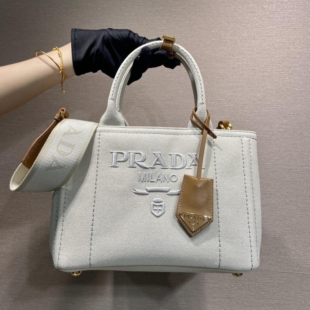 高仿Prada*1BG464刺繡徽標Tote包白色小號免檢版