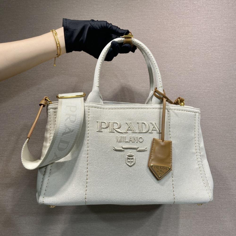 高仿Prada*1BG554刺繡徽標購物袋白色中號免檢版