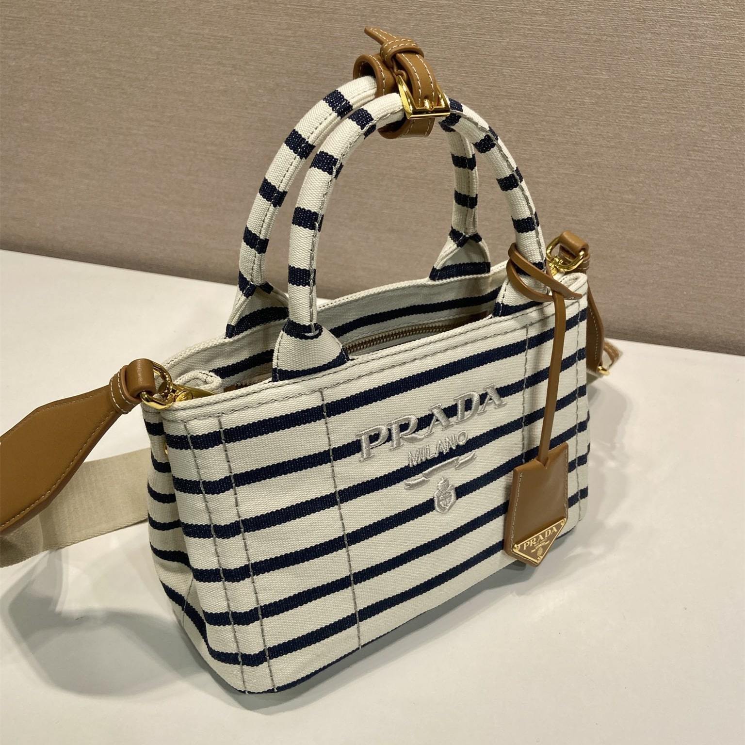 高仿Prada*1BA038棉質徽標手提袋海軍藍Mini免檢版