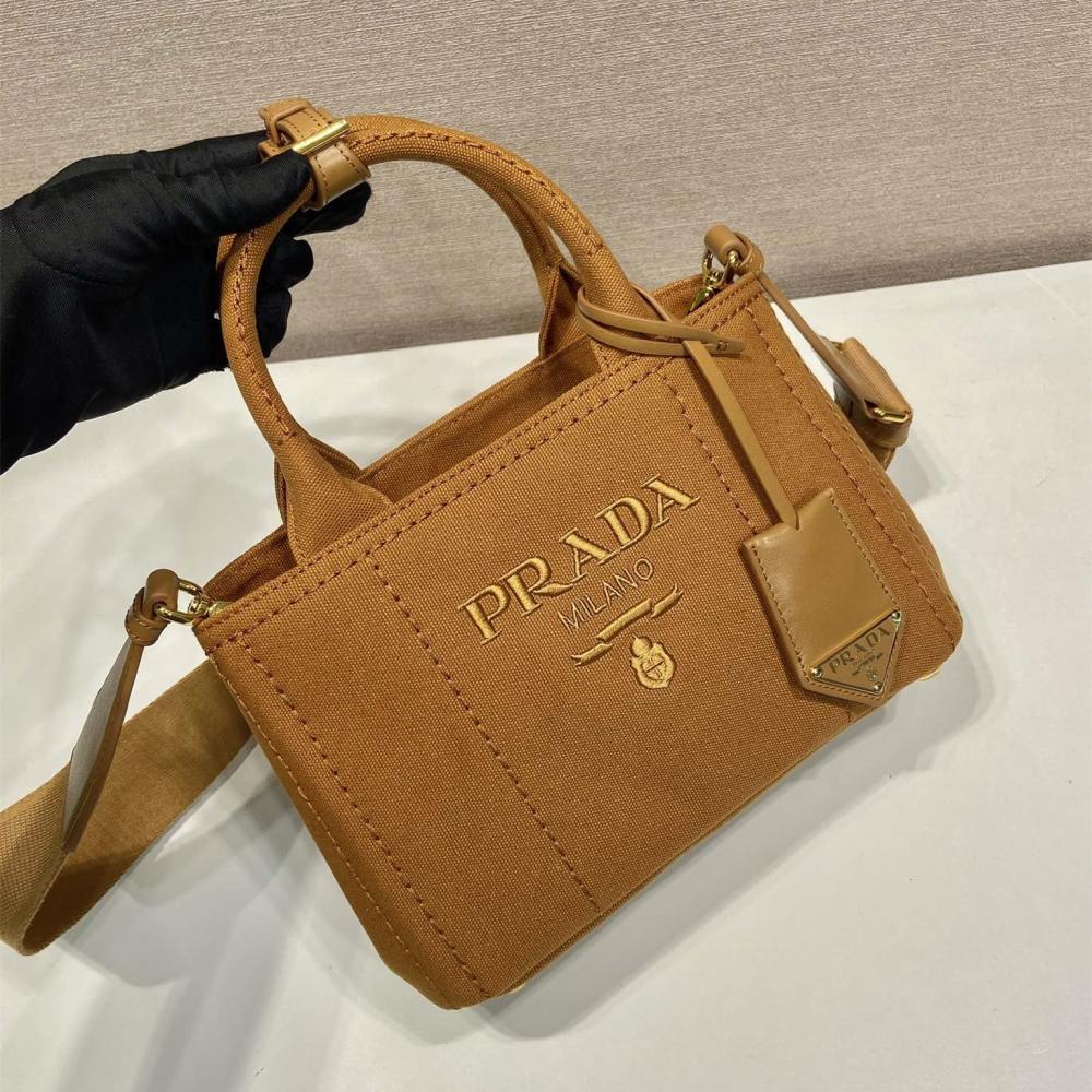 高仿Prada*1BA038刺繡徽標Tote手袋棕色Mini免檢版