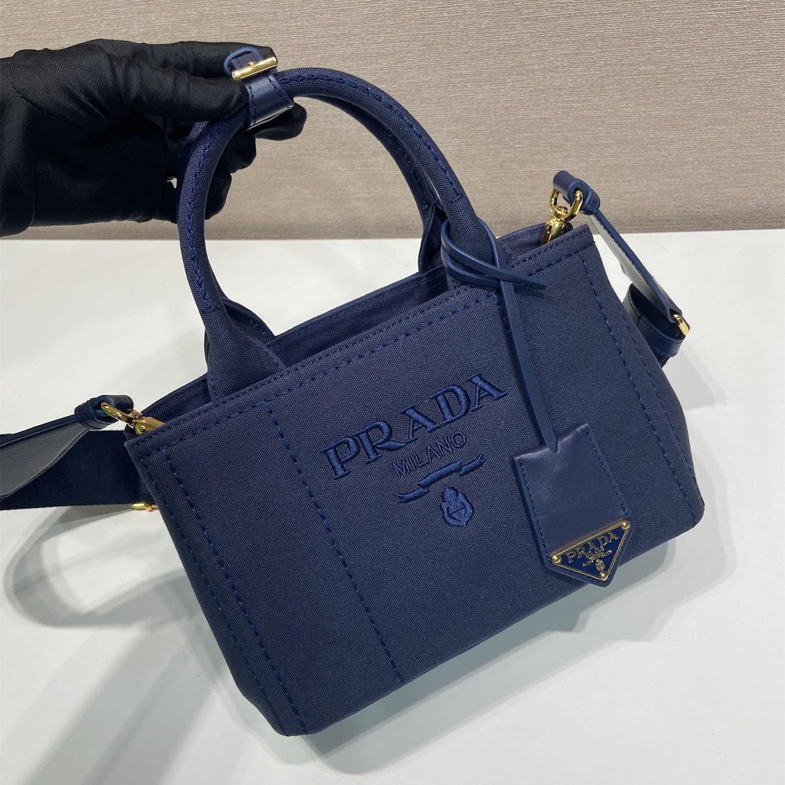 高仿Prada*1BA038刺繡徽標Tote手袋深藍Mini免檢版