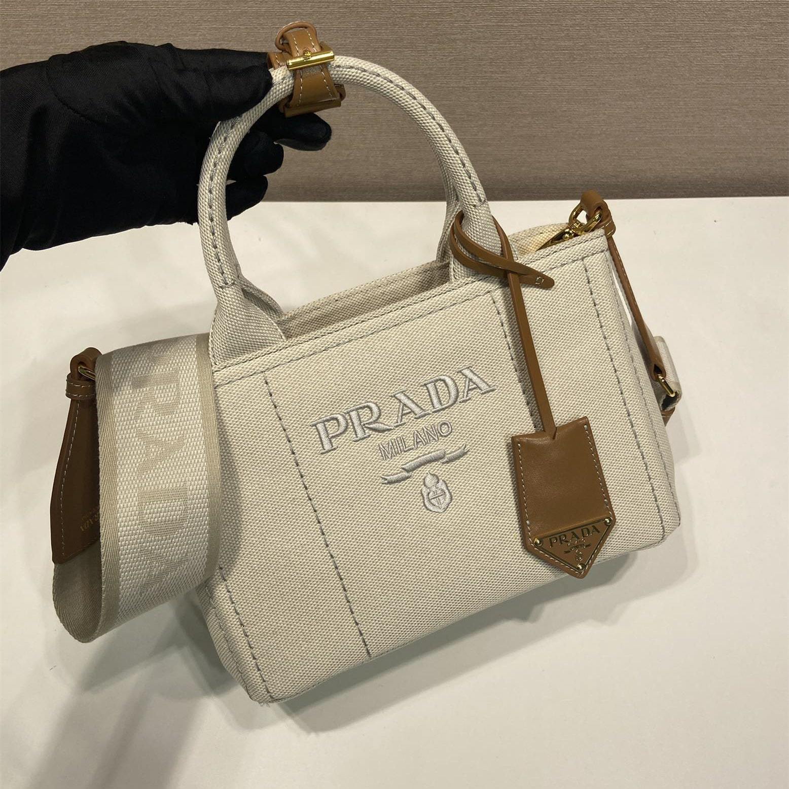 高仿Prada*1BA038刺繡徽標Tote手袋白色Mini免檢版