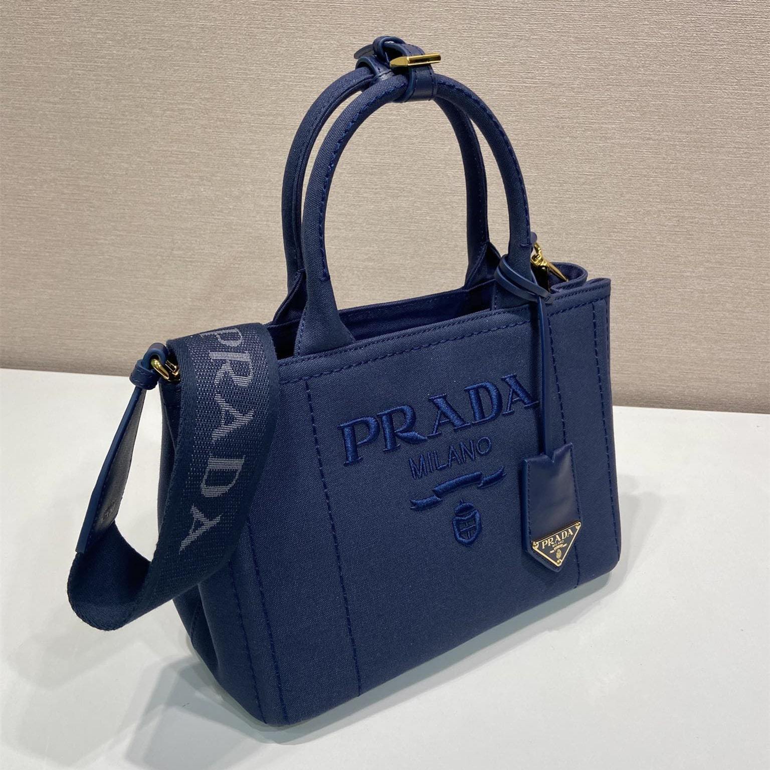 高仿Prada*1BG464刺繡徽標Tote包深藍小號免檢版