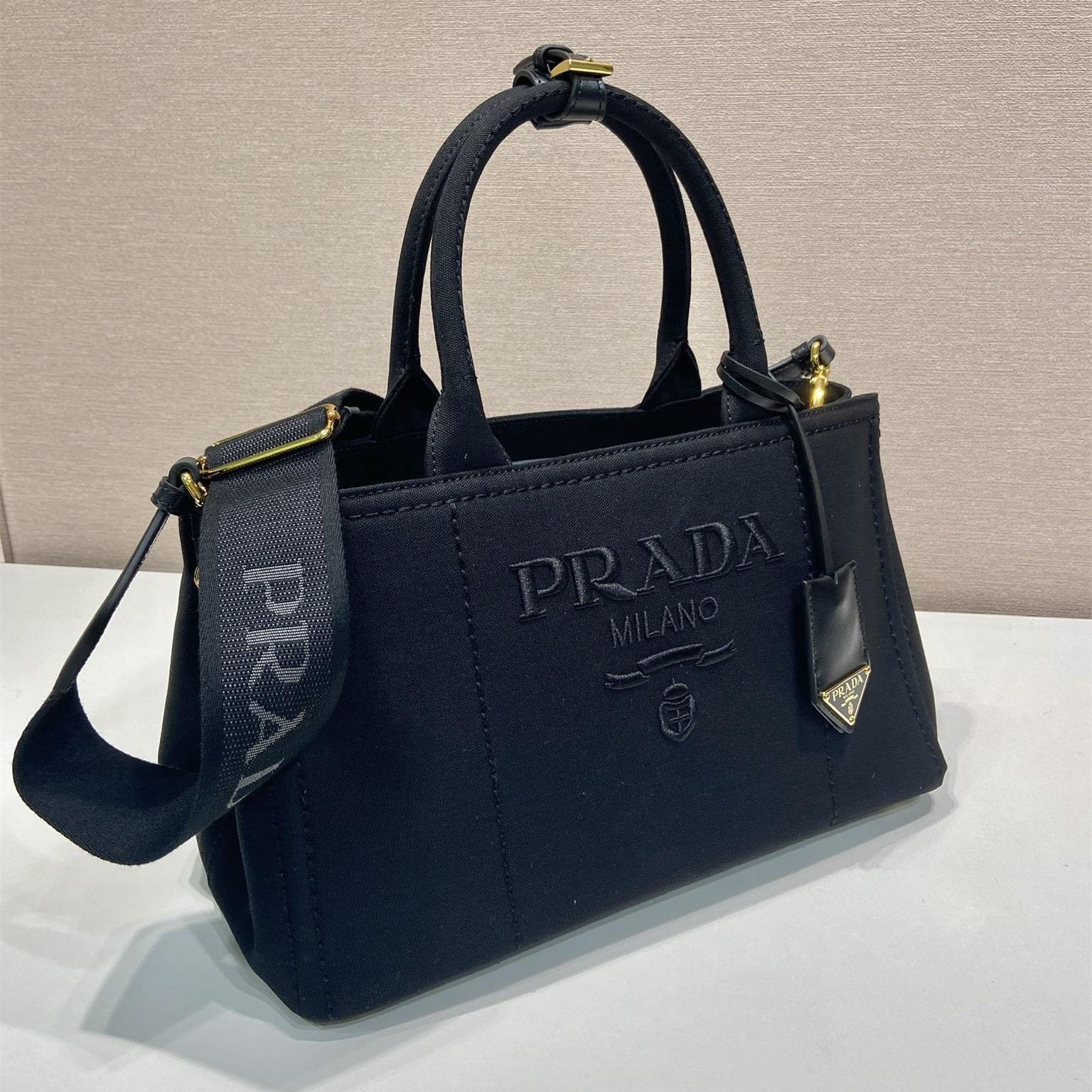 高仿Prada*1BG554刺繡徽標購物袋黑色中號免檢版